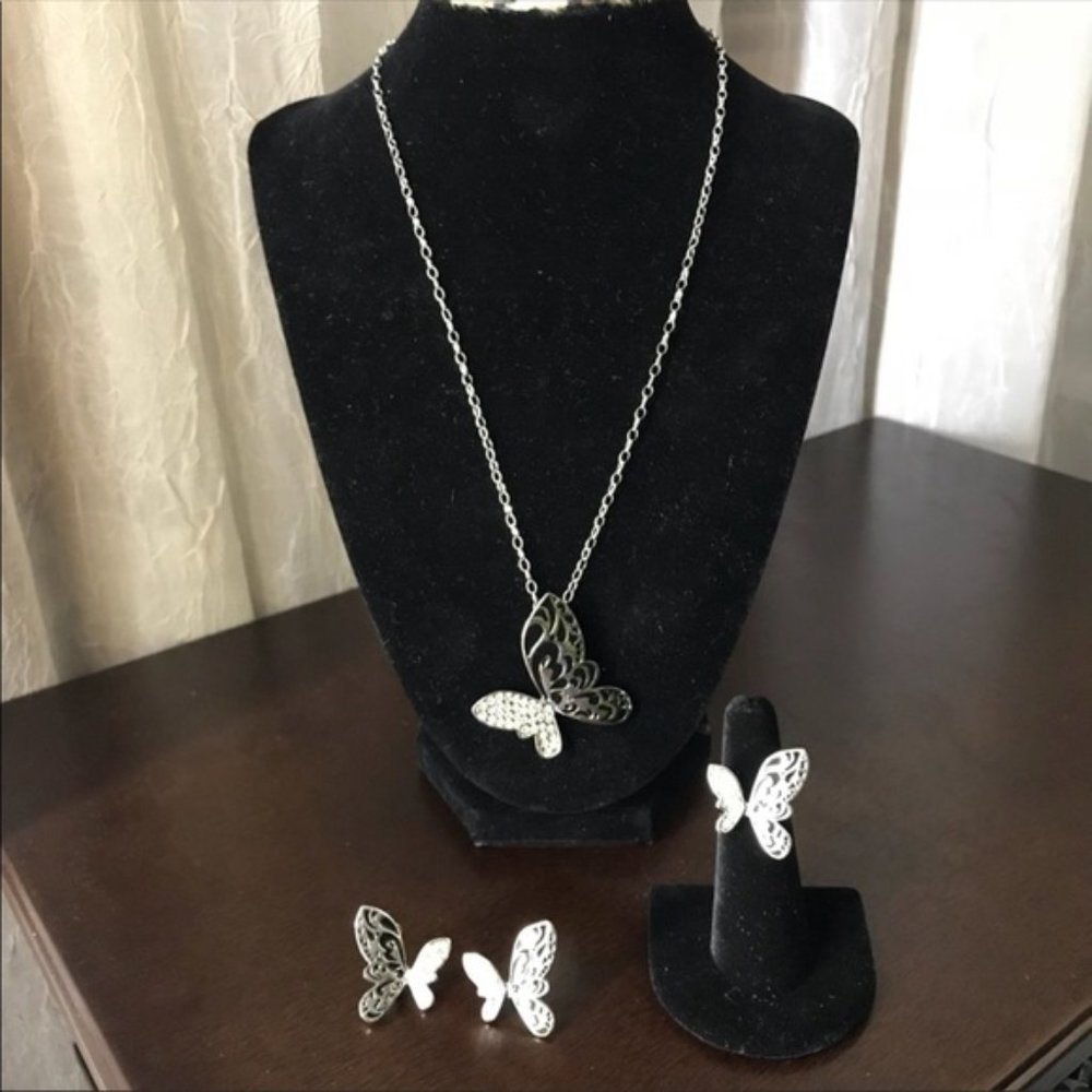 Sterling Silver Butterfly set Earrings Ring Pendant